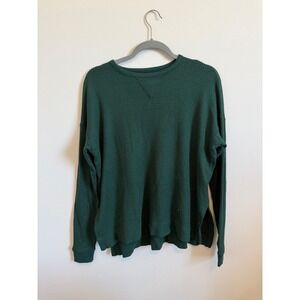 American Eagle Waffle Knit Thermal Top Forest Green Crew Neck Long Sleeve XS
